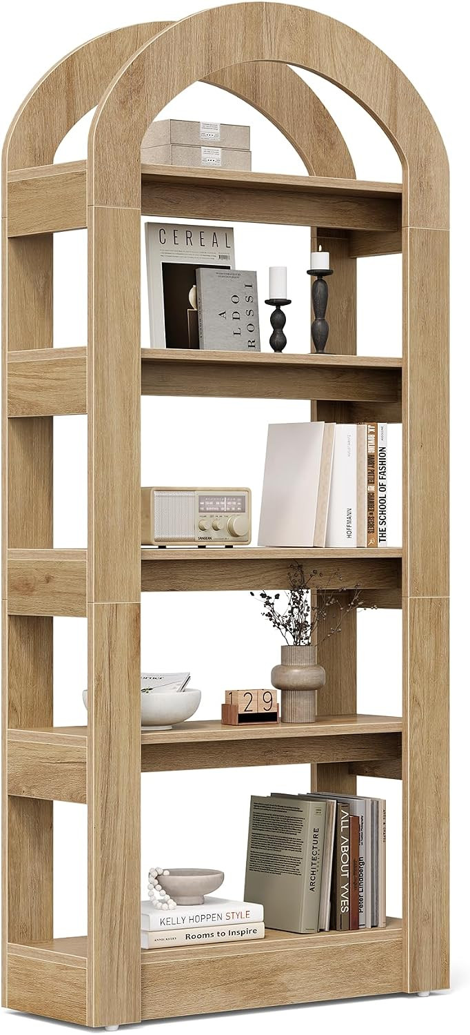 LITTLE TREE 5-Tier Bookshelf, Arch-Shaped Racks, Tall Standing Wooden Bookcase Display Shelf Modern Storage Solution (1, Teak Color) | Amazon (US)