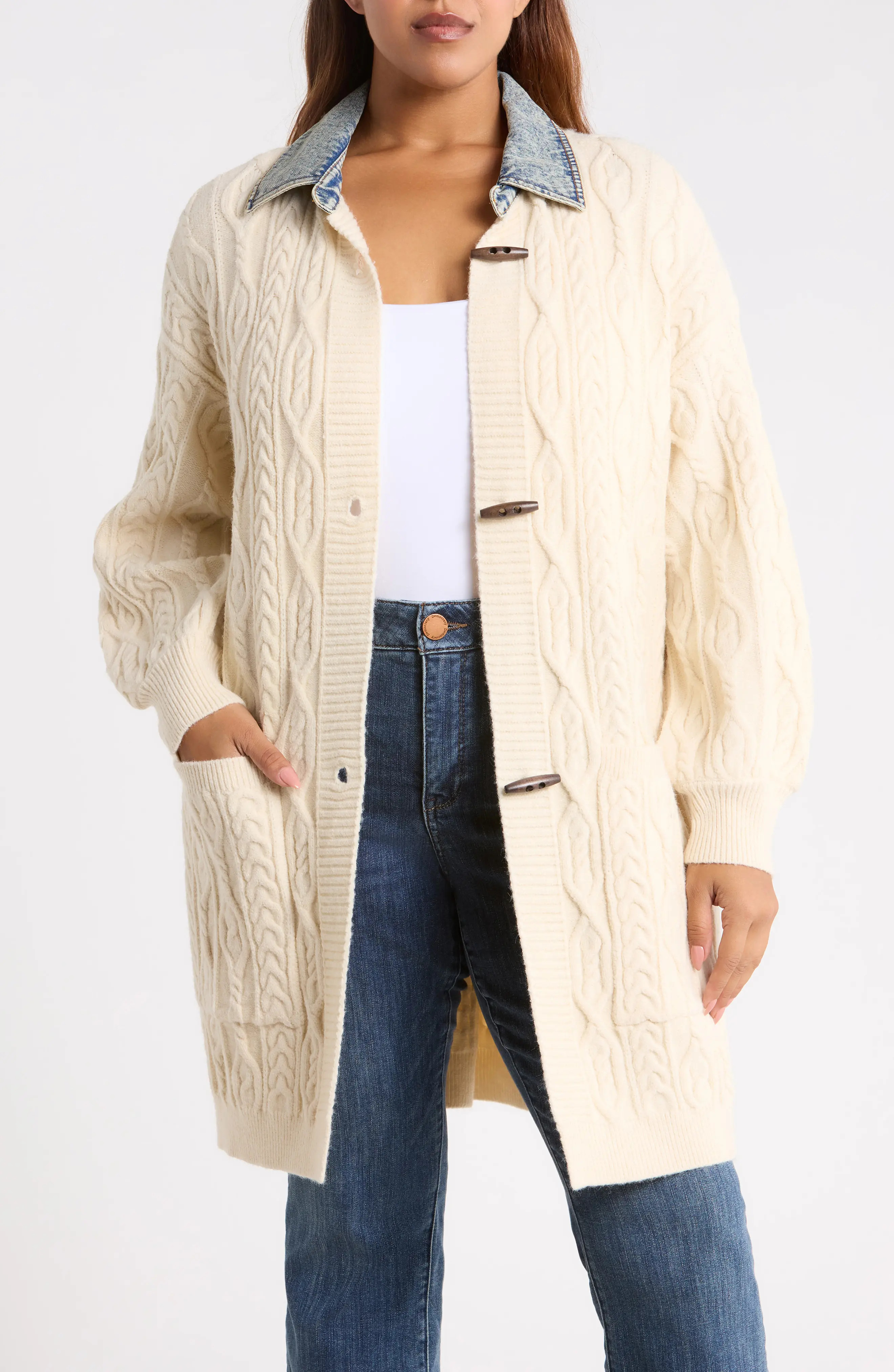 CITY BLUES Denim Collar Cable Knit Cardigan (Women) | Nordstrom | Nordstrom