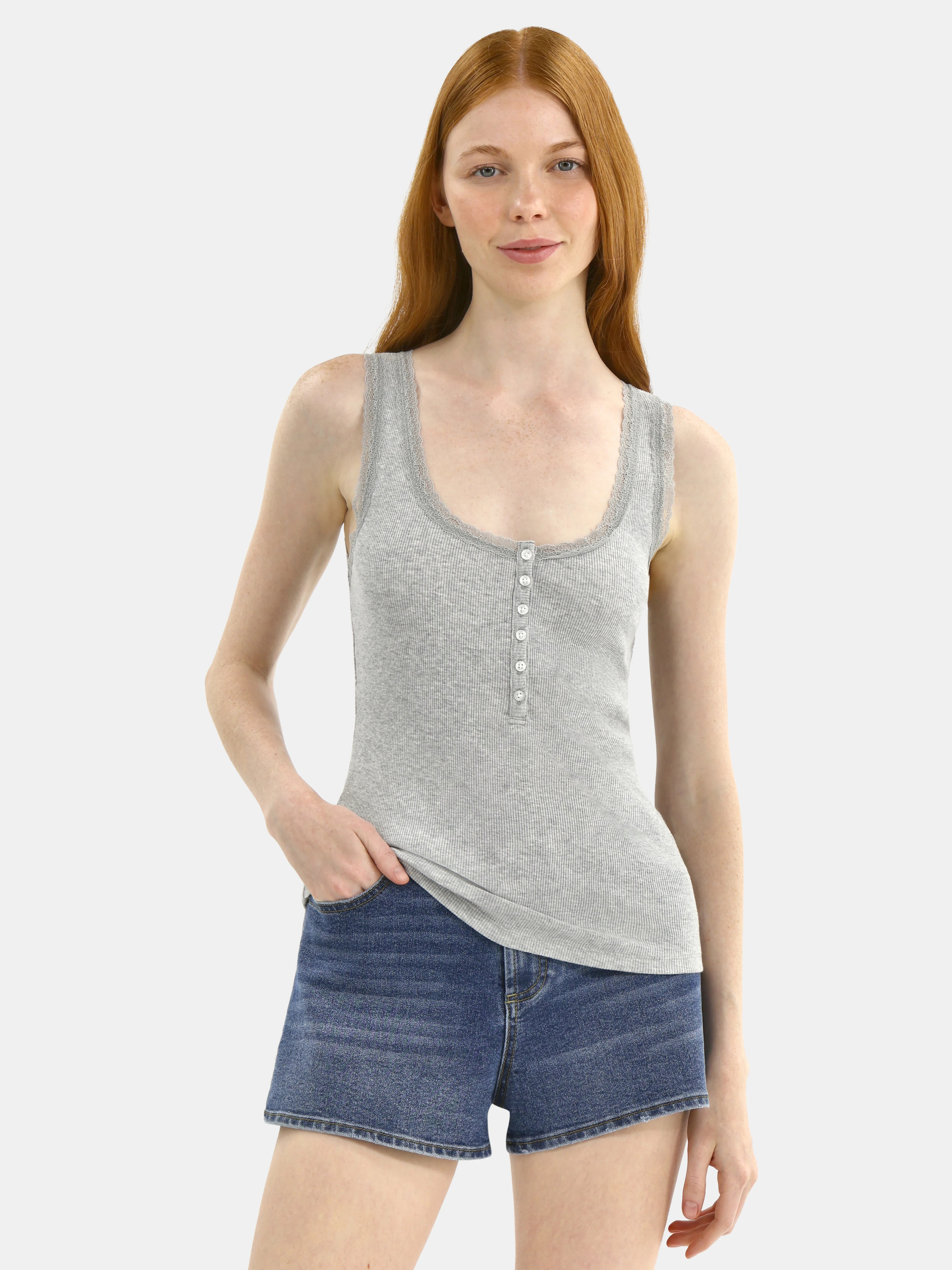 No Boundaries Lace Cotton Henley Tank, Women's | Walmart (US)