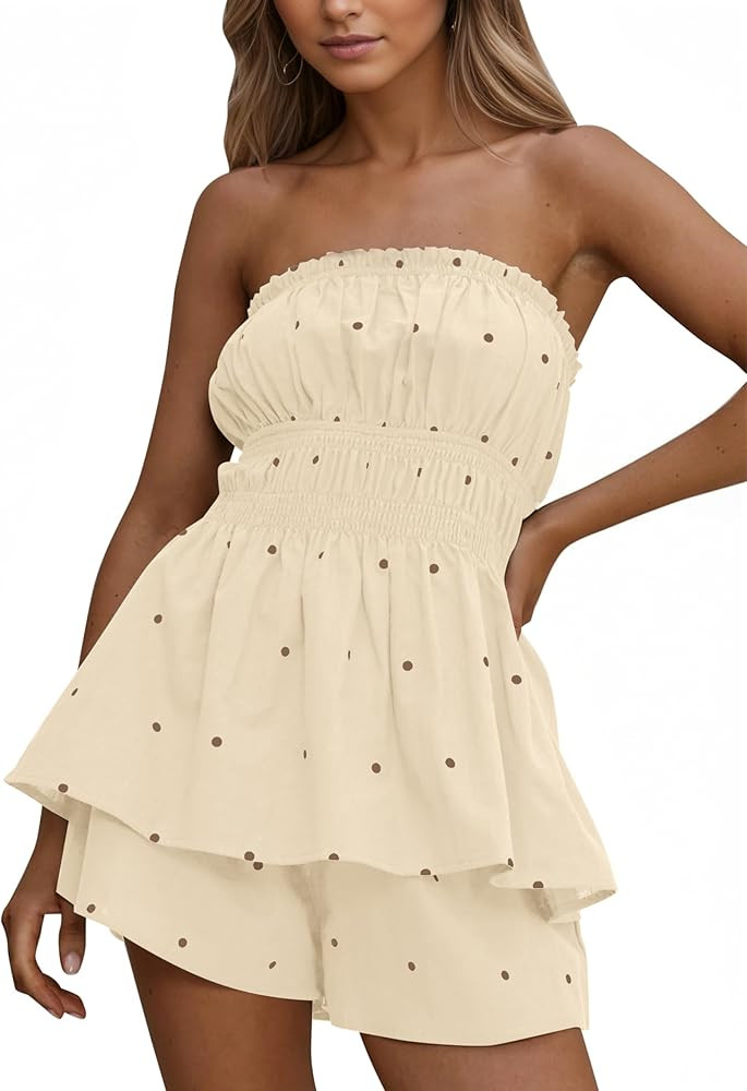 Summer Polka Dot Set For Women Ruffle Tube Tops Wide Leg 2 Piece Short Set Matching Lounge Set Be... | Amazon (US)