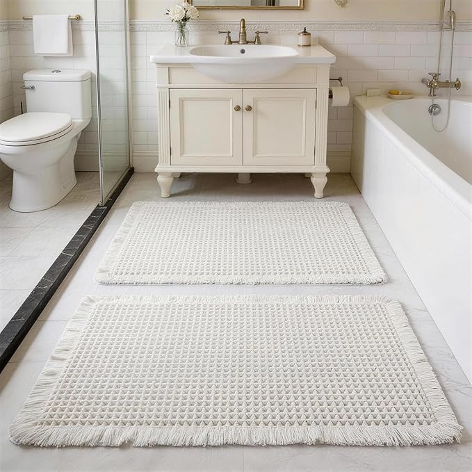 Set of 2 Waffle Bathroom Rugs, Large Non Slip Absorbent Waffle Knit Bath Mat for Shower Floor, Tu... | Amazon (US)
