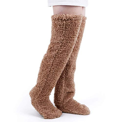Peoaieh Over Knee High Fuzzy Socks Plush Slipper Stockings Furry Long Leg Warmers Winter Home Sleeping Socks (Brown) | Amazon (US)