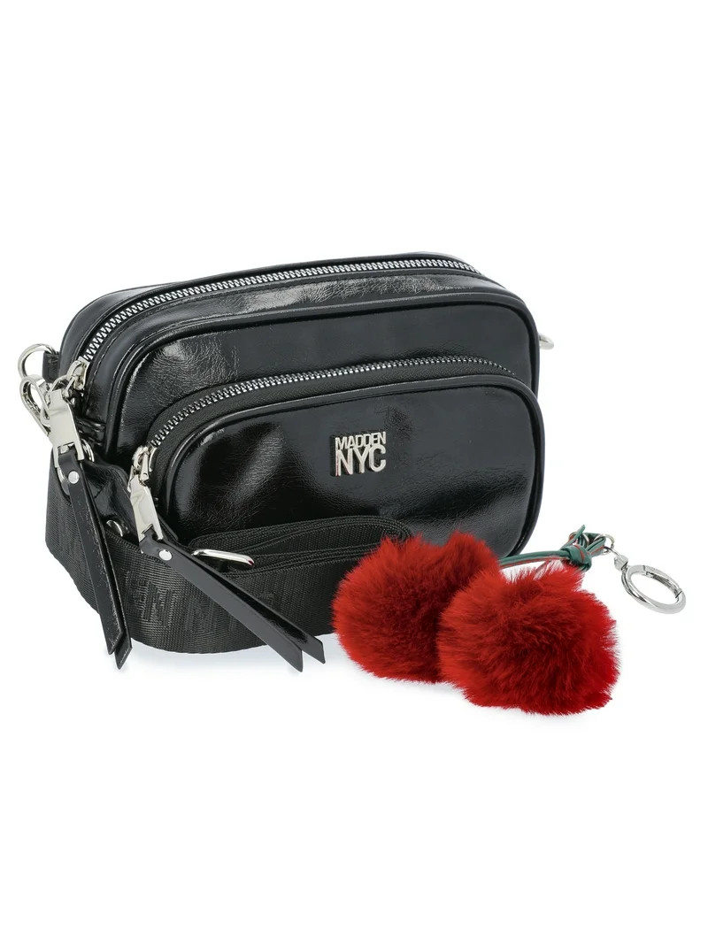Madden NYC Women's Faux Leather Camera Handbag with Charm Keychain, Black Glaze | Walmart (US)