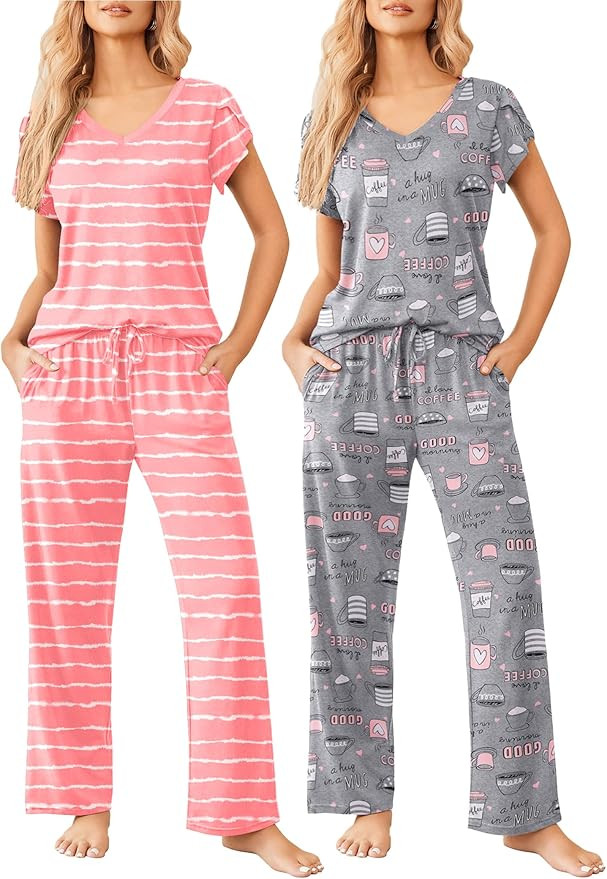 Ekouaer 2 Pack Womens Pajamas Short Sleeve Sleepwear Top with Pants Super-Soft Printed Lounge Set... | Amazon (US)