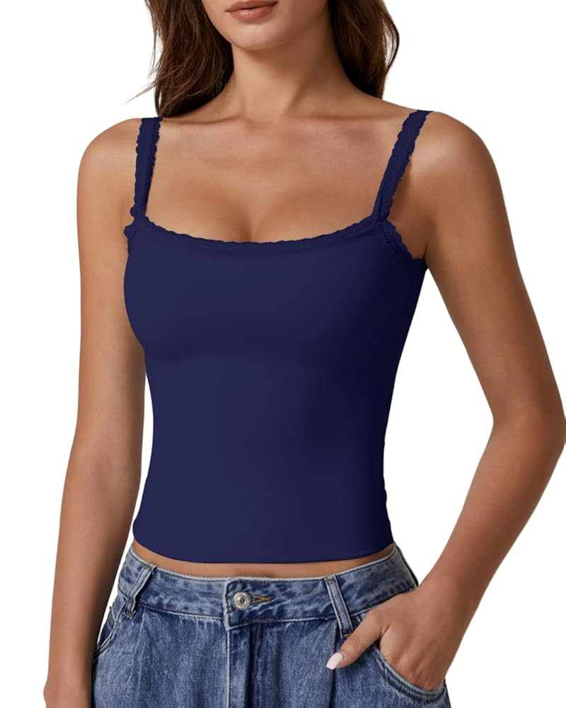 QINSEN Womens Square Neck Lace Trim Tank Top Double Lined Slim Fitted Y2k Going Out Camisole Shir... | Amazon (US)