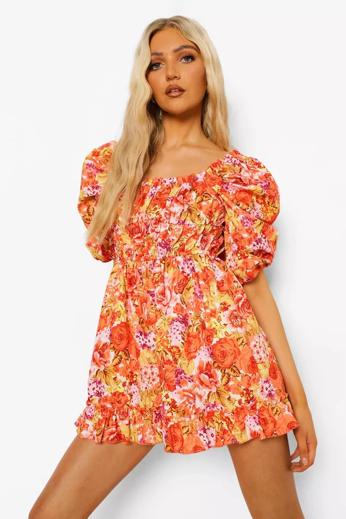Floral Print Puff Sleeve Ruched Romper | Boohoo.com (US & CA)