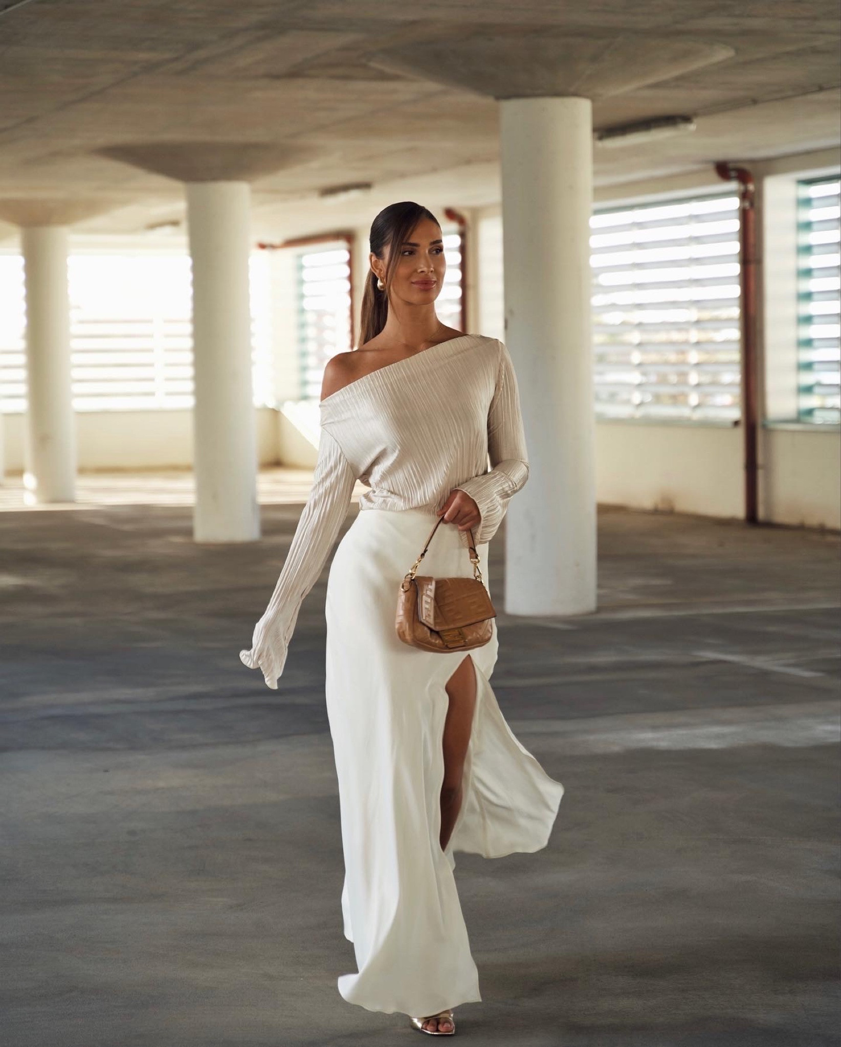 Elegant beige white outfit. Revolve lpa skirt song of style plisse long sleeve top . I’m wearing size S 