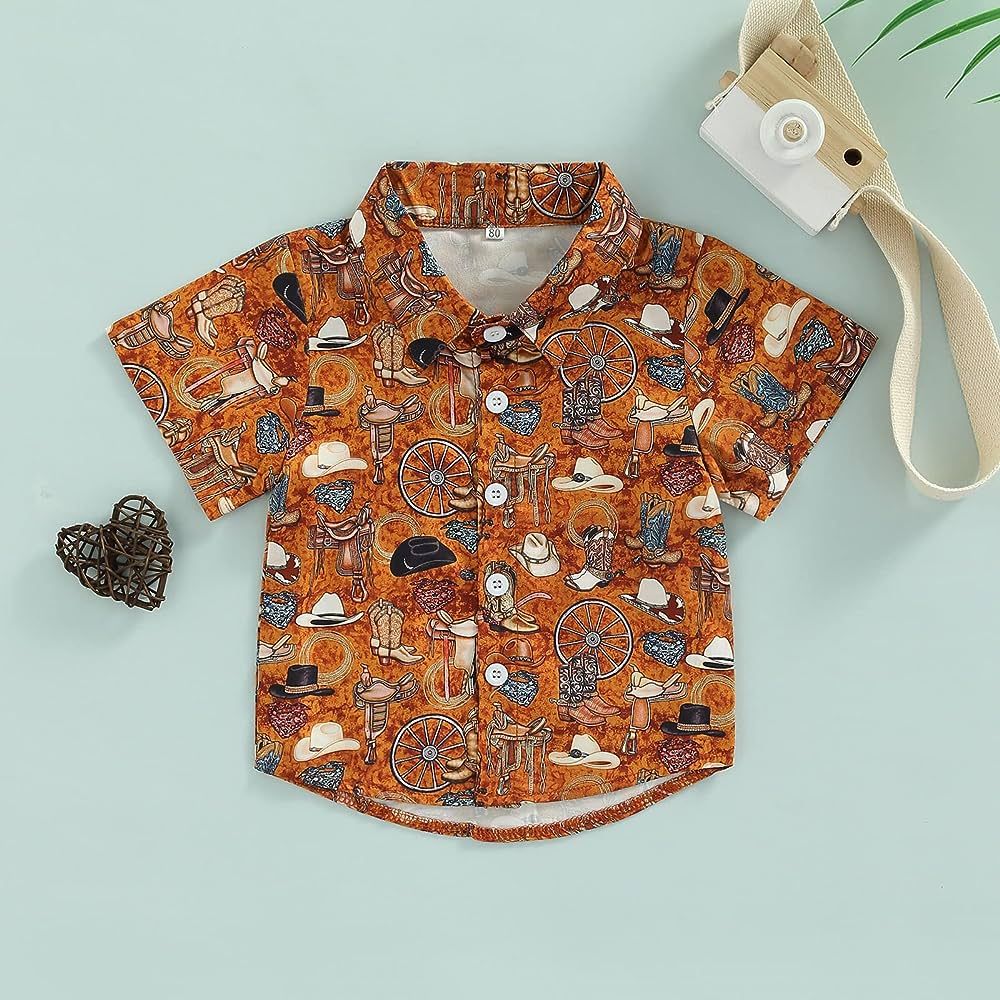 Toddler Kid Baby Boy Button Down Shirt Lapel Neck Short Sleeve Cow Printed T-Shirt Tops Casual Summe | Amazon (US)
