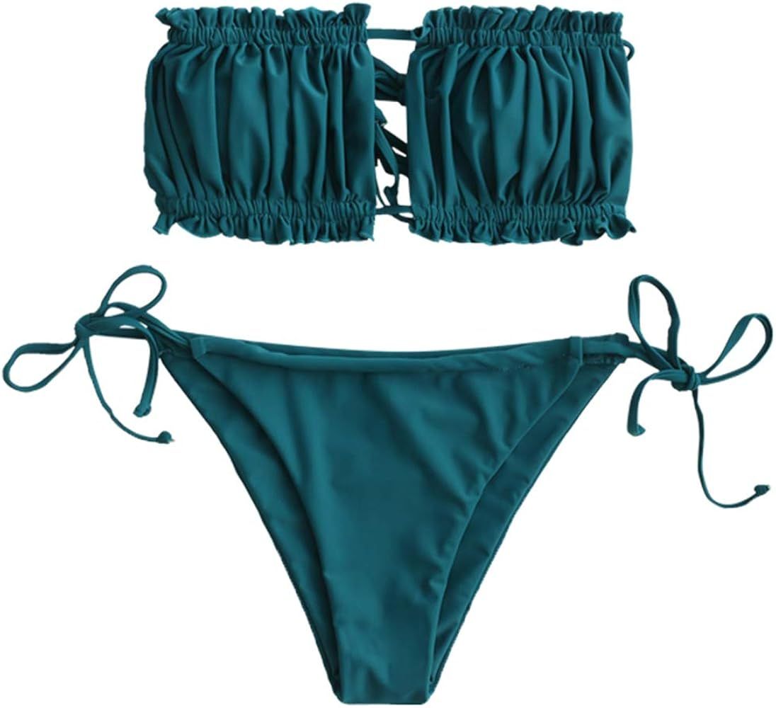 Women's Strapless Ribbed Tie Back Ruffle Cutout Bandeau Bikini Set Swimsuit | Amazon (US)