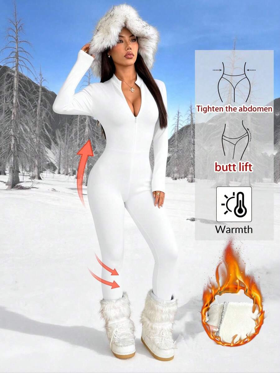 SHEIN PETITE Petite Women's Solid Color Front Zipper Long Sleeve Stand Collar Casual Jumpsuit, Au... | SHEIN