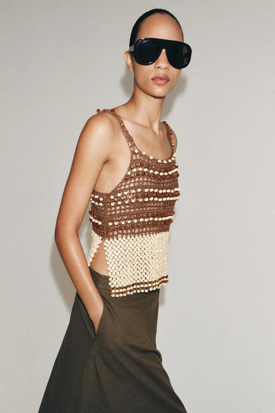 BEADED CROCHET KNIT TOP | Zara UK