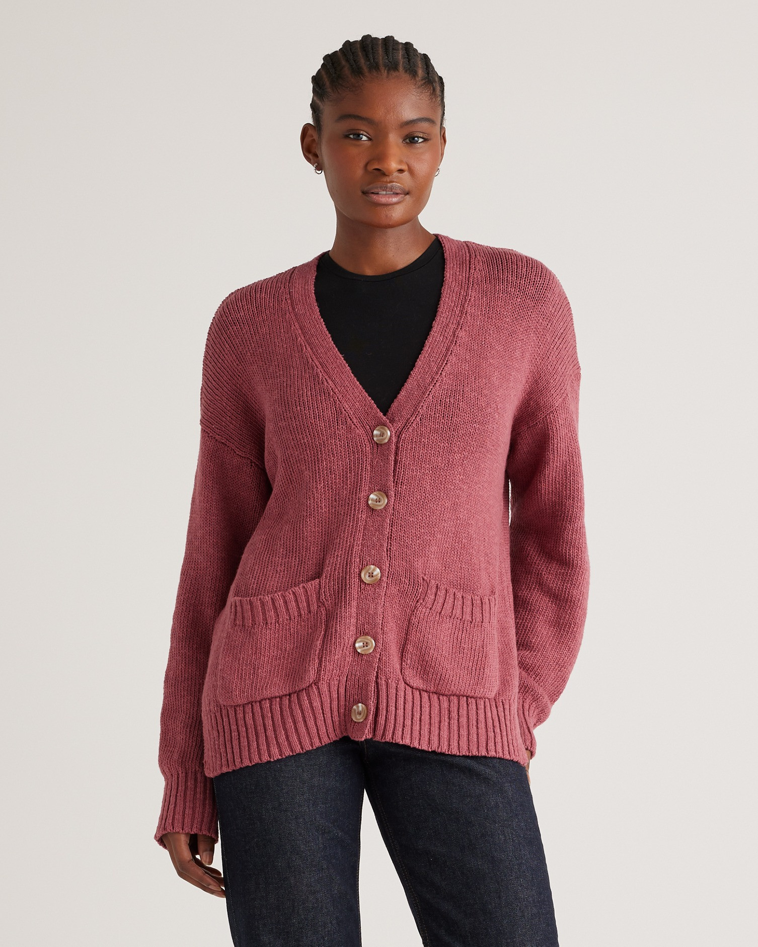 Quince | Women's Cotton Linen Relaxed Cardigan Sweater in Dark Mauve, Size Small, Organic Cotton | Quince