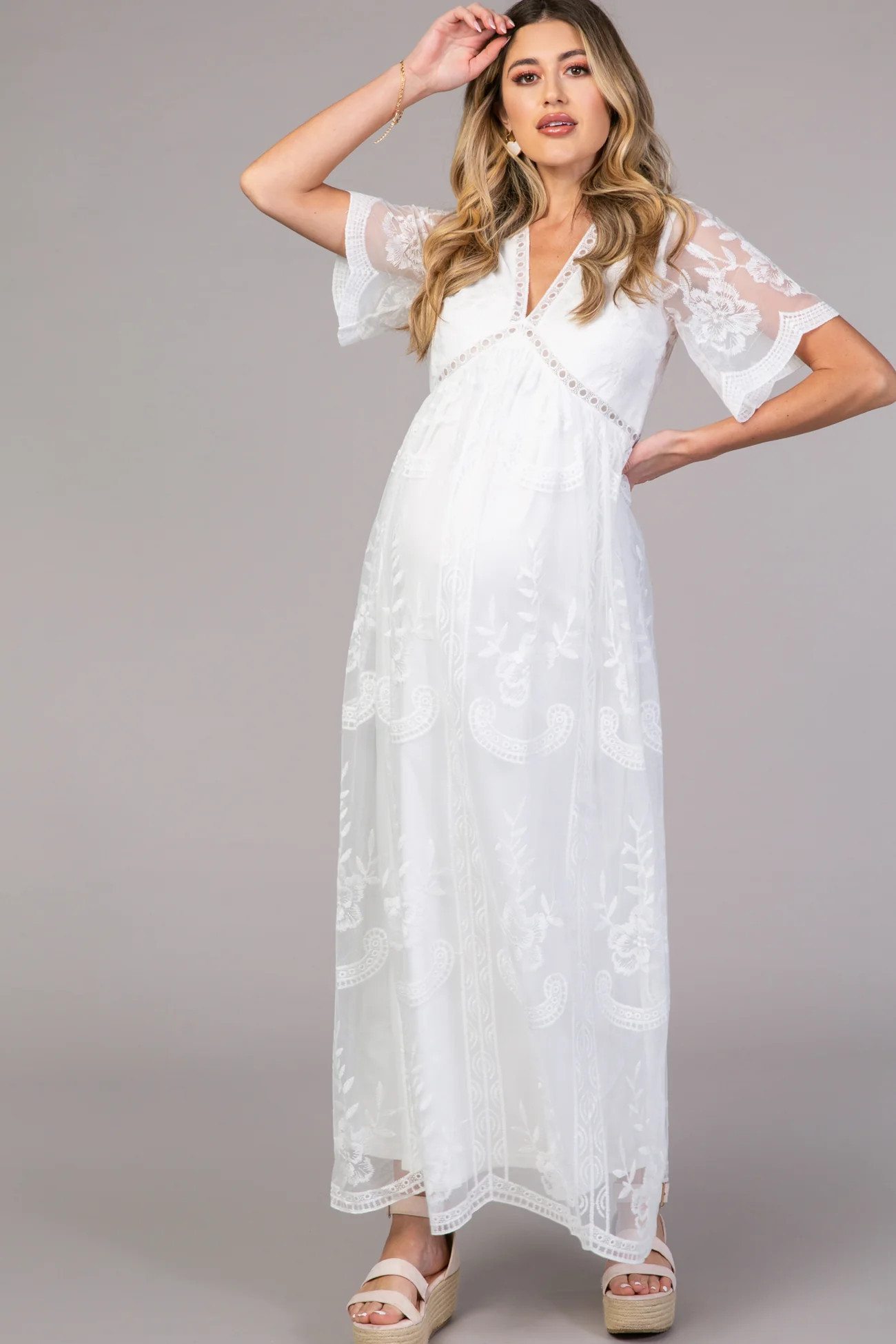 PinkBlush White Lace Mesh Overlay Maternity Maxi Dress | PinkBlush Maternity