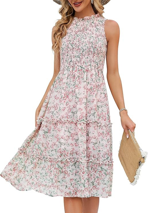 YATHON Women's Summer Casual Floral Sundress Halter Neck A-Line Elastic Waist Tiered Ruffle Cockt... | Amazon (US)