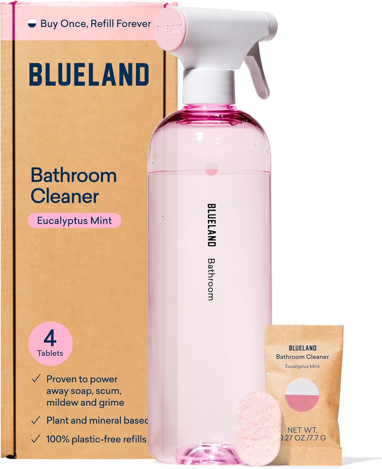 BLUELAND Bathroom Cleaner, Starter Set, Eucalyptus Mint Scent, Spray Bottle with 4 Refill Tablets... | Amazon (US)