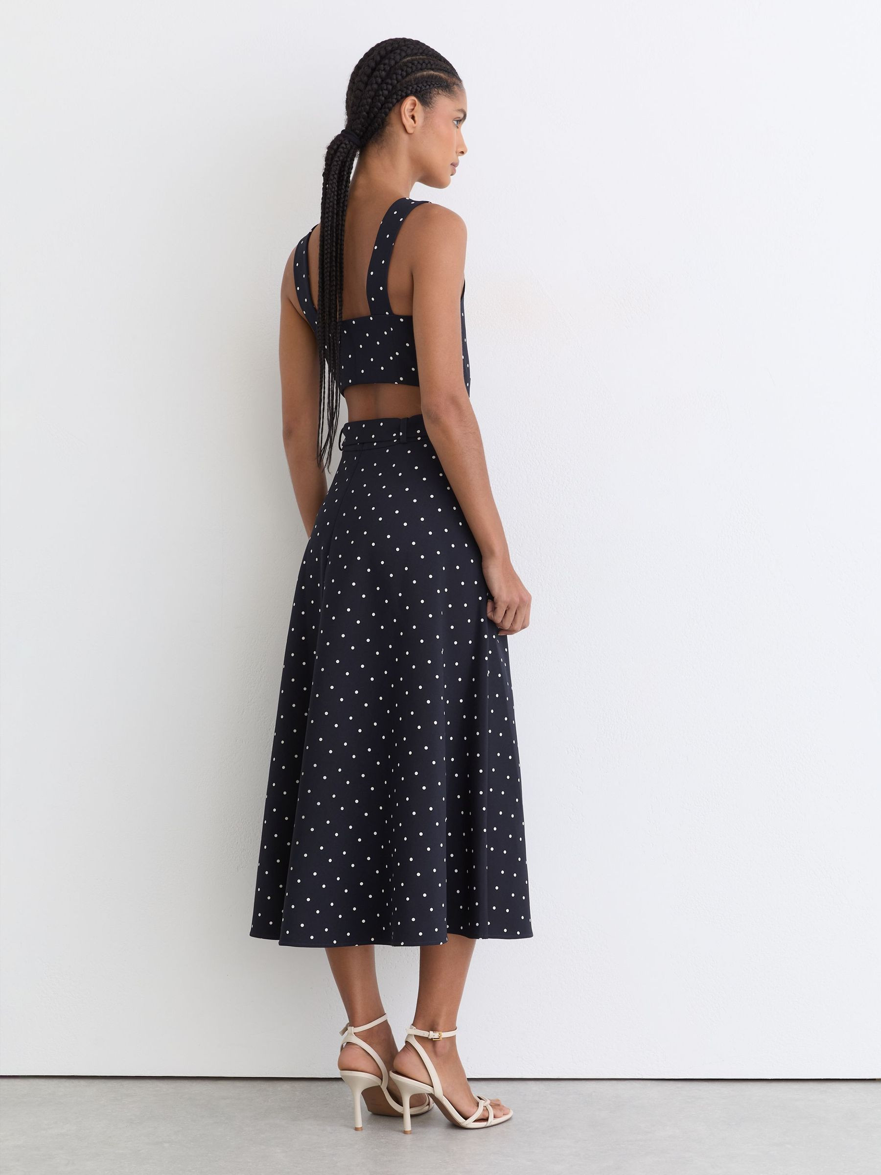Polka Dot-Print Belted Midi Dress in Navy | Reiss UK