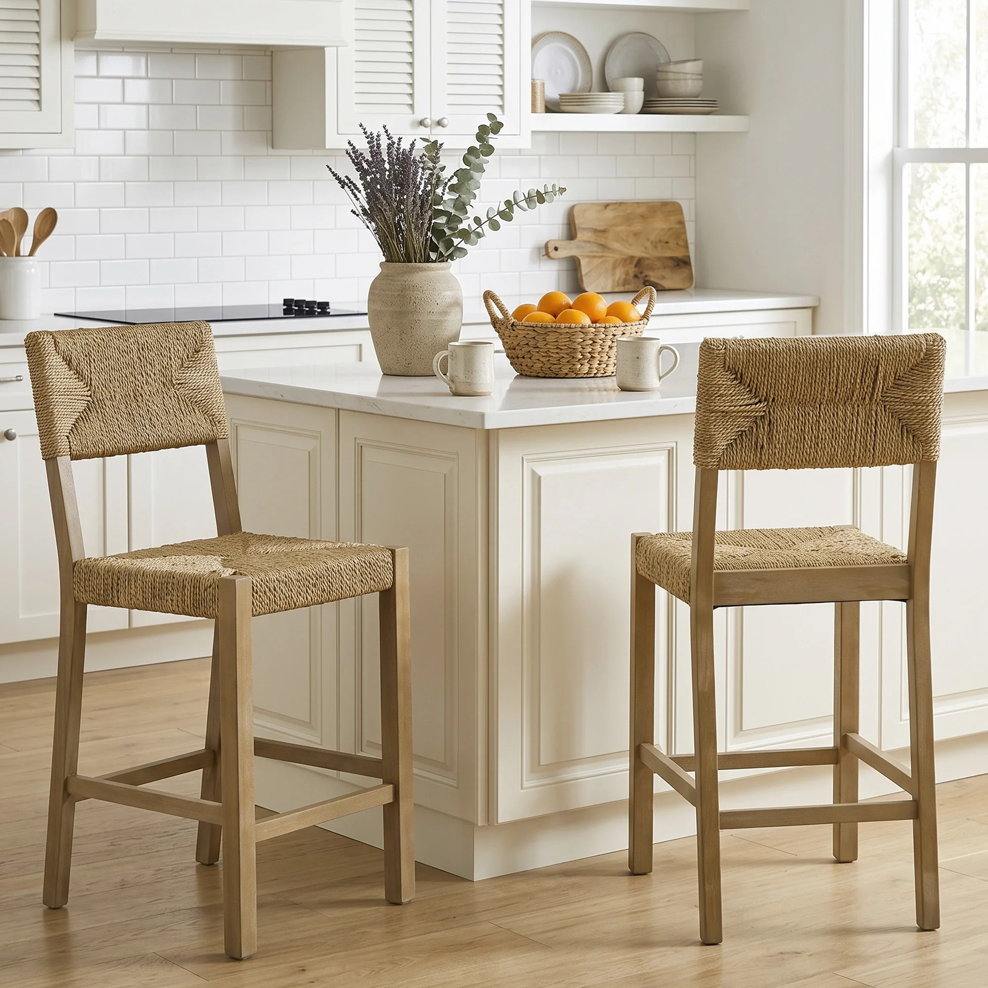 Cledia 21" Wide Rustic Farmhouse Style Solid Wood Ratten Seat Counter Stool | Wayfair North America