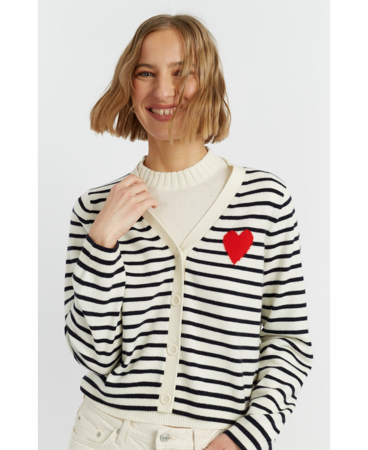 Chinti & Parker Women's Wool Cashmere Heart Breton Cardigan - Cream/navy | Macy's