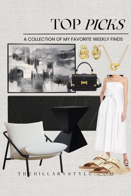 My Weekly Top Picks: furniture, and fashion from Wayfair, Target, Walmart, Amazon. Marble sideboard, wall art, accent, chair, end table, white dress, sandals, gold jewelry, leather handbag.

#LTKStyleTip #LTKHome #LTKSeasonal