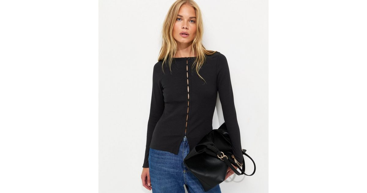 Women's Black Cotton Rich Button Through Long Sleeve Top New Look | New Look (UK)