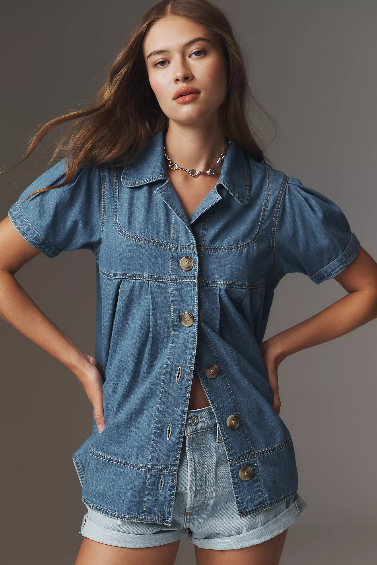 Pilcro Short-Sleeve Button-Front Babydoll Blouse | Anthropologie (US)