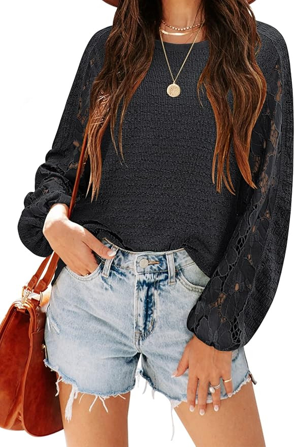 MIHOLL Women's Long Sleeve Shirt Lace Crewneck Casual Loose Fit Tops Blouse | Amazon (US)