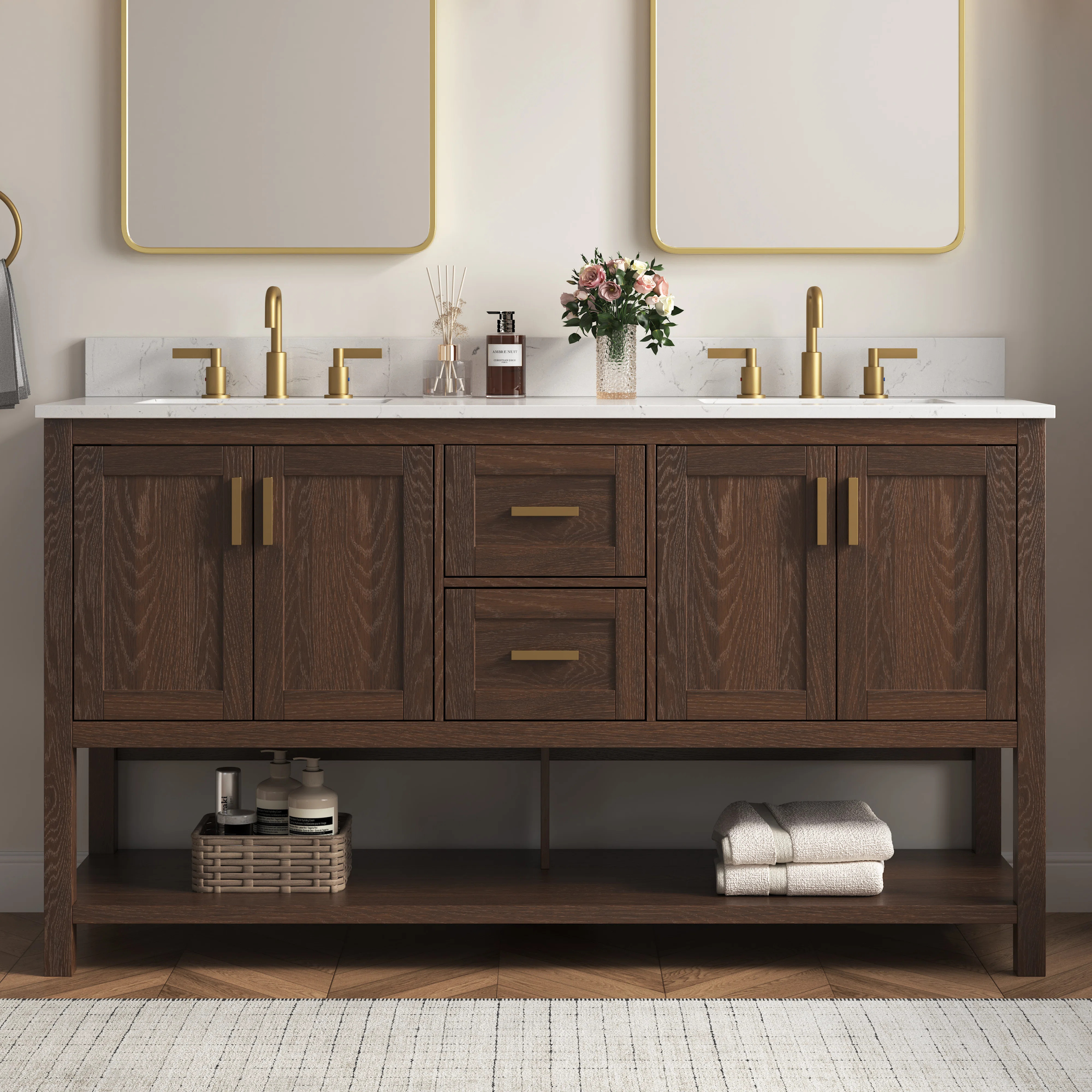 61" Freestanding Walnut Bathroom Vanity With Double Sinks & Engineered Stone Top | Wayfair North America