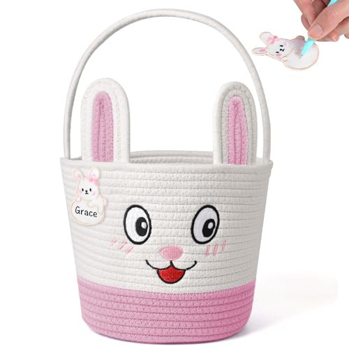 Easter Basket for Kids, Bunny Egg Hunt Bag, Soft Reusable Easter Gift with Handle and Name Tag for Toddlers Boys Girls (pink) | Amazon (US)