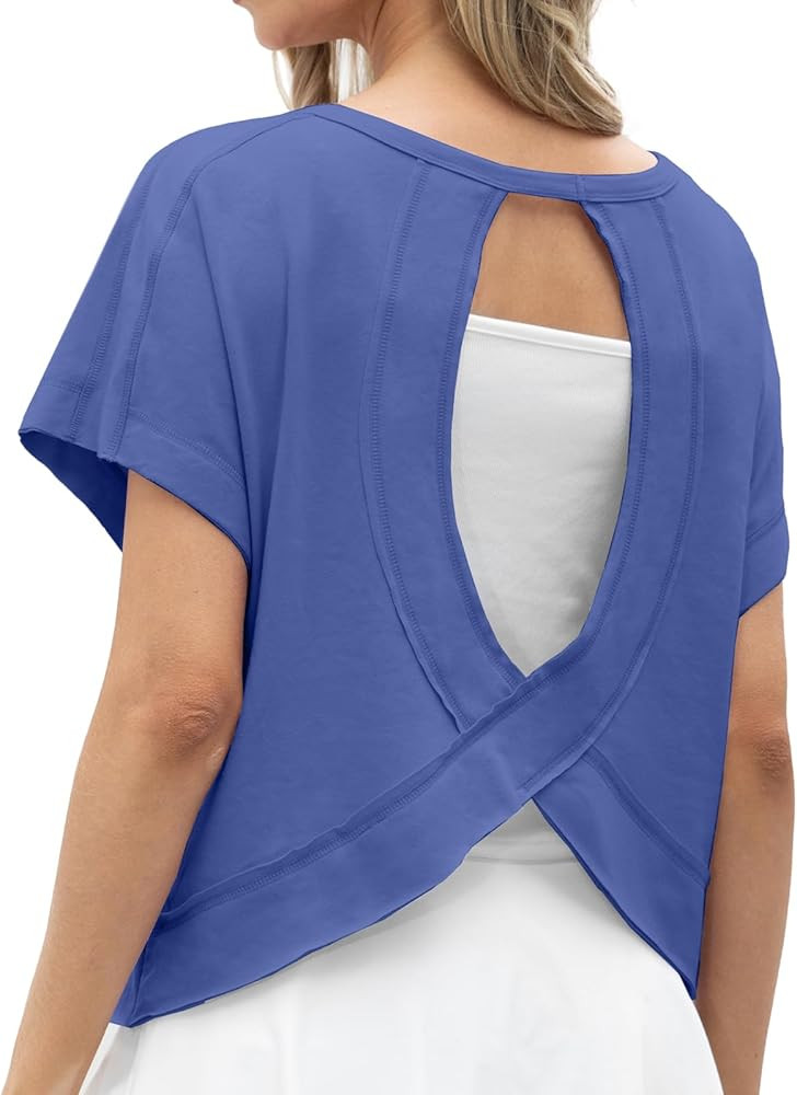 GRECERELLE Women's Open Back Workout Tops Backless Athletic Shirts Casual Crop Running Tee Y2k Yo... | Amazon (US)