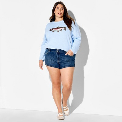 Women's Novelty Crewneck Pullover Sweater - Wild Fable™ Light Blue Fish XXL | Target