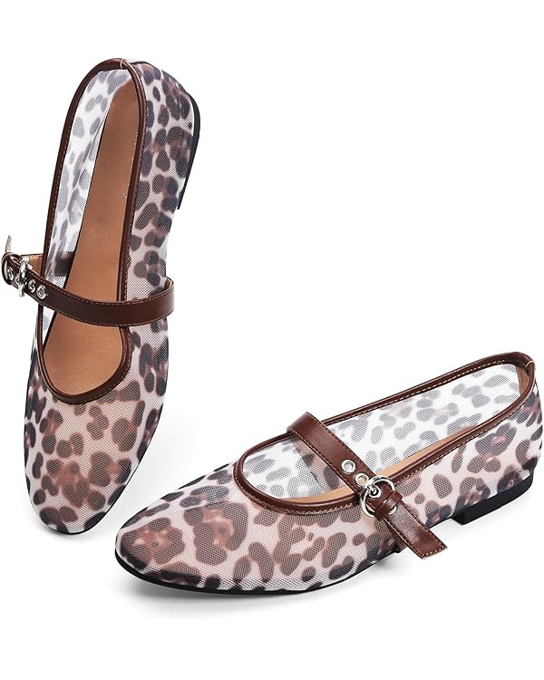 Leopard Flats for Women Mesh Ballet Flats Mary Jane Animal Print Shoes Slip On Casual Breathable ... | Amazon (US)
