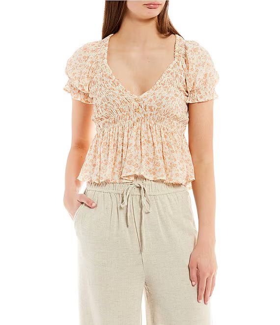 Puffed-Sleeve Floral-Printed Smocked Peasant Top | Dillard's