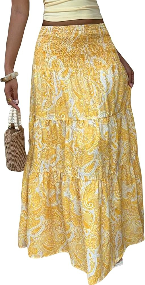 ZAFUL Women’s Summer Boho Maxi Skirts Bohemian Print Smocked High Wasited Flowy Tiered Ruffle L... | Amazon (US)