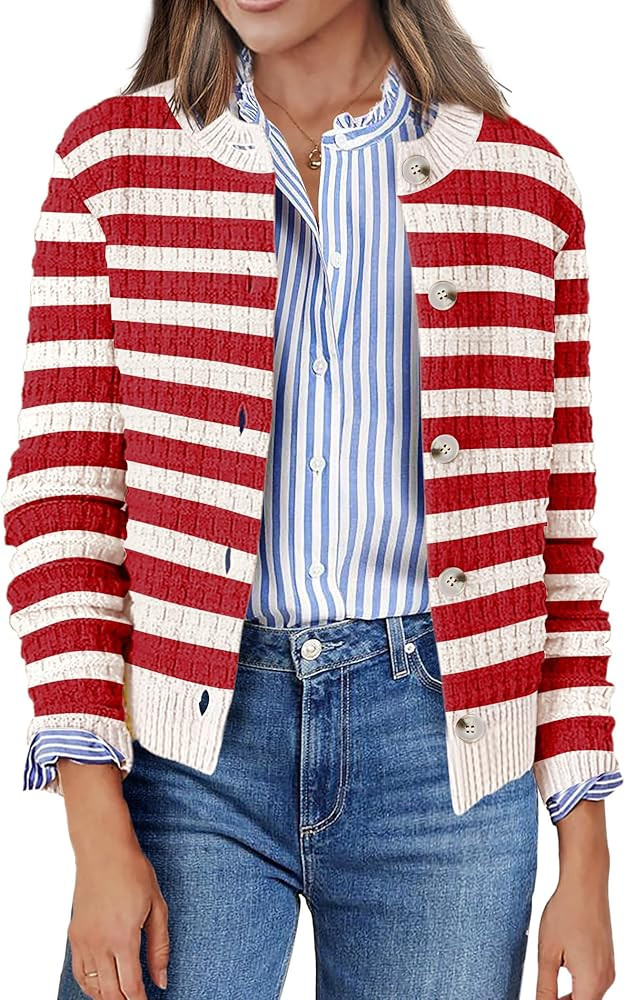 Zeagoo Women's 2025 Cardigan Sweaters Button Down Crew Neck Open Front Long Sleeve Knit Cropped J... | Amazon (US)