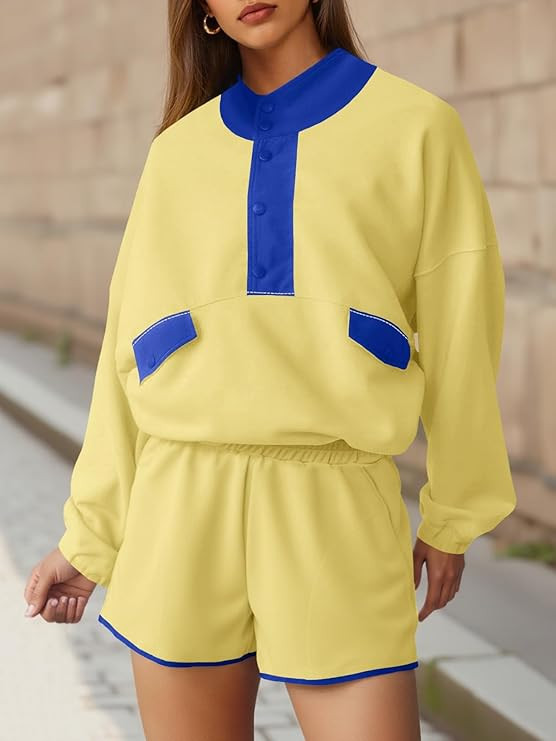 Fisoew Womens 2 Piece Sets Sweatsuits Casual Half Button Color Block Sweatshirts Running Shorts T... | Amazon (US)