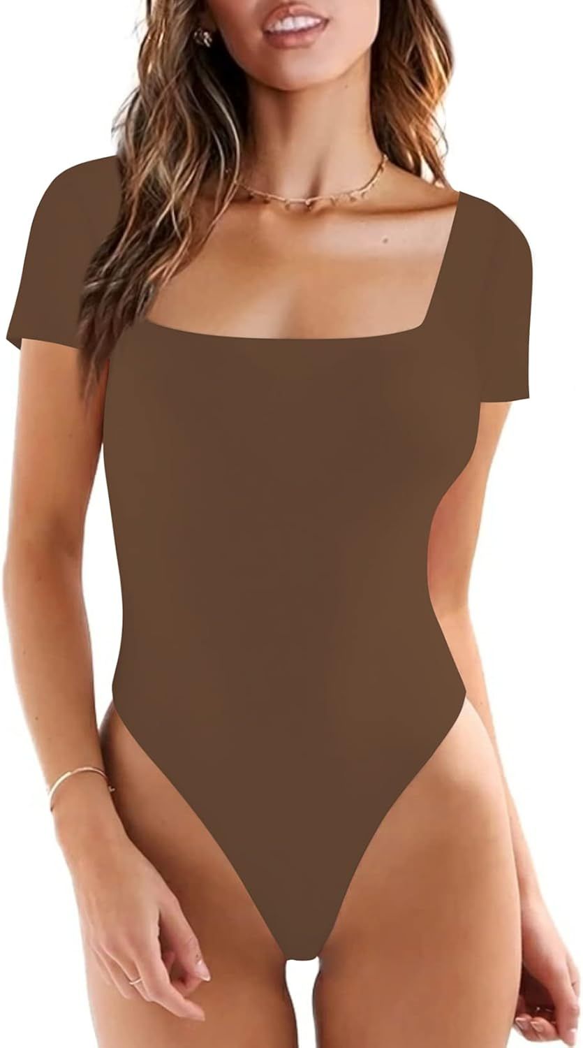 Chunpin Women's Square Neck Short Sleeve Bodysuit Tops Double Lined Thong Bodysuits | Amazon (US)