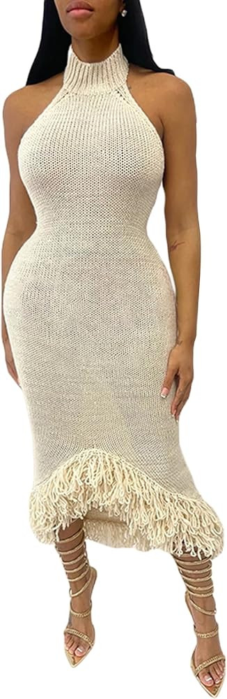 Ecirod Womens Sexy Halter Neck Crochet Knit Mermaid Fringe Midi Dress Sleeveless Backless Cable S... | Amazon (US)