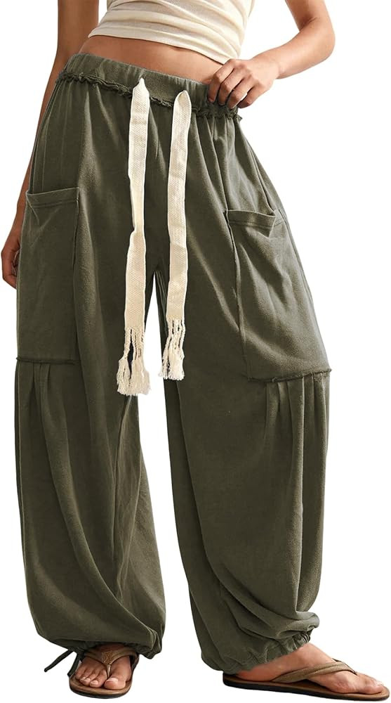 Springrain Women's Baggy Wide Leg Pants Casual Drawstring Harem Pants Bohemian Trousers with Big ... | Amazon (US)