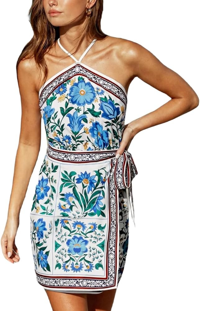 CUPSHE Women's Summer Dresses Floral Boho Halter Crisscross Backless Wrap Beach Vacation Smocked ... | Amazon (US)