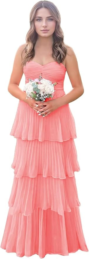 Ruffle Tiered Chiffon Prom Dresses Long Strapless Bridesmaid Dresses Sweetheart Formal Evening Go... | Amazon (US)
