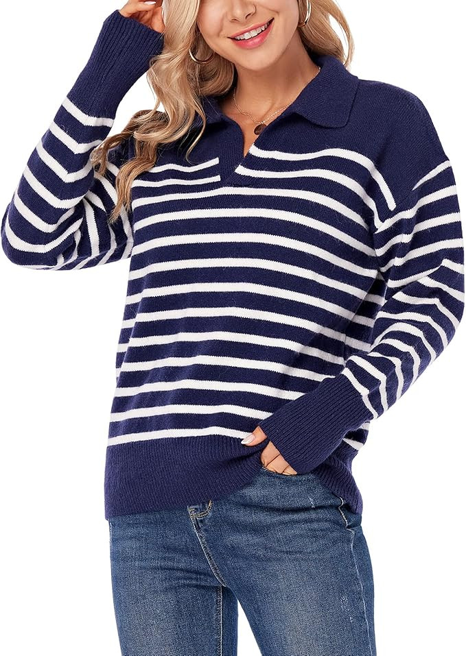 Anienaya Women's Long Sleeve Striped Color Block V Neck Knitted Polo Pullover Sweater Jumper Tops | Amazon (US)