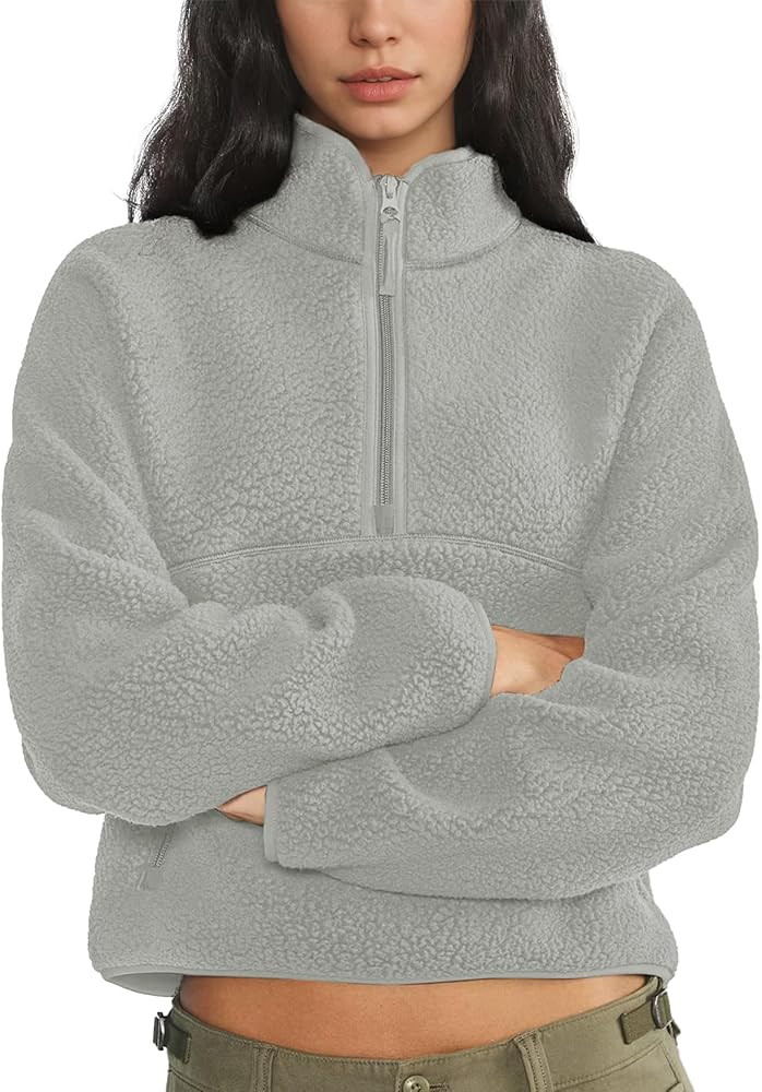 Womens Fleece Sweatshirts Cropped Half Zip Fuzzy Warm Sherpa Pullover Varsity Jackets with Zipper... | Amazon (US)