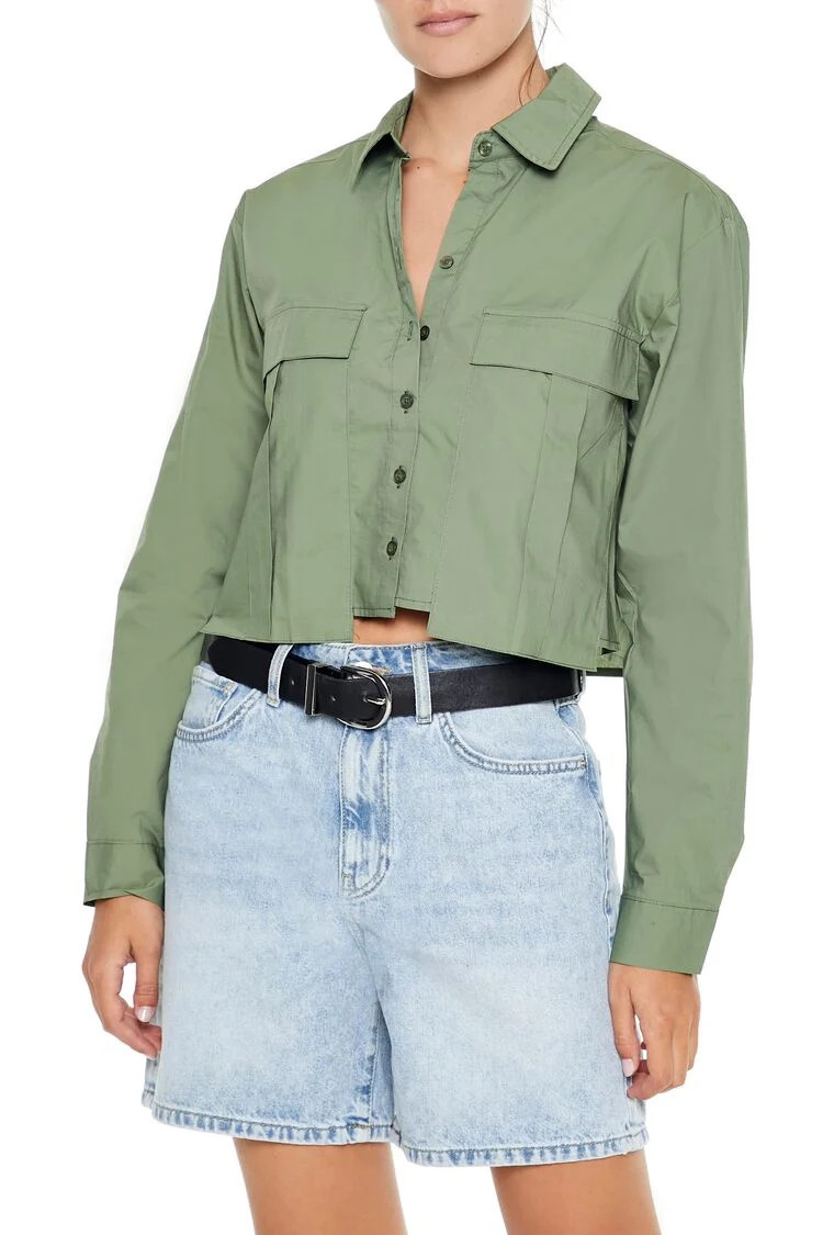 Women's Asymmetrical Poplin Shirt in Olive Large | Forever 21