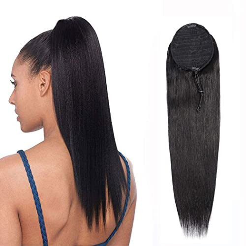 Human Hair Ponytail Extensions Straight Drawstring Ponytails Natural Human Hair Piece Clip in Ponytail Hairpieces for Women, Darkest Brown (Straight Hair, 24 inch) | Amazon (US)