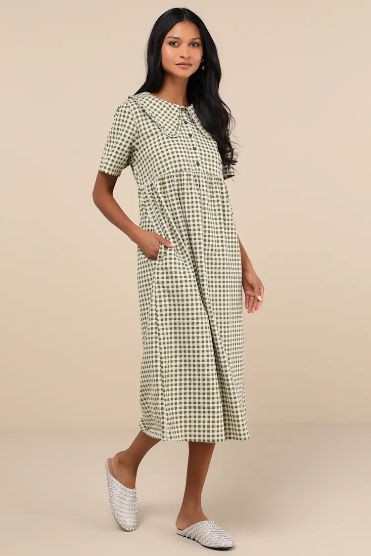 Kior Olive Green Gingham Cotton Midi Dress | Lulus