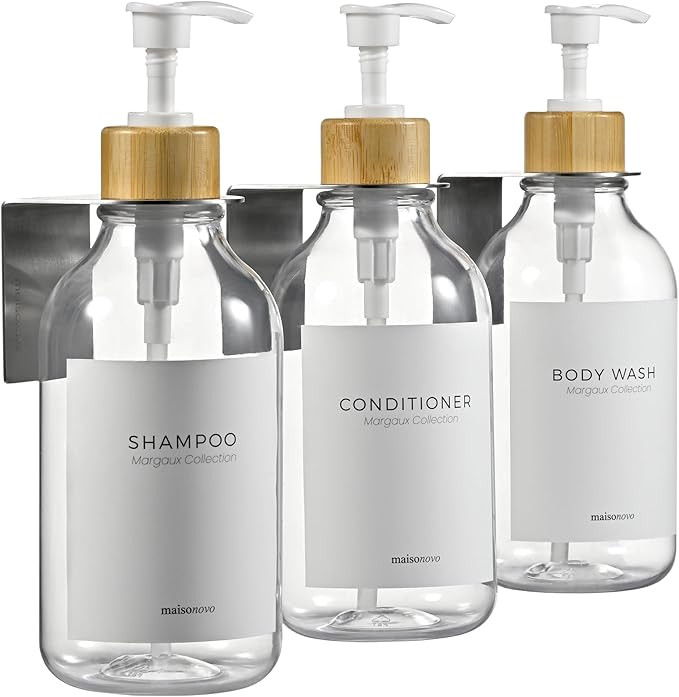 MaisoNovo Shampoo and Conditioner Dispenser | 3 Bamboo Plastic Clear 3 Wall Mount Silver | Shampo... | Amazon (US)