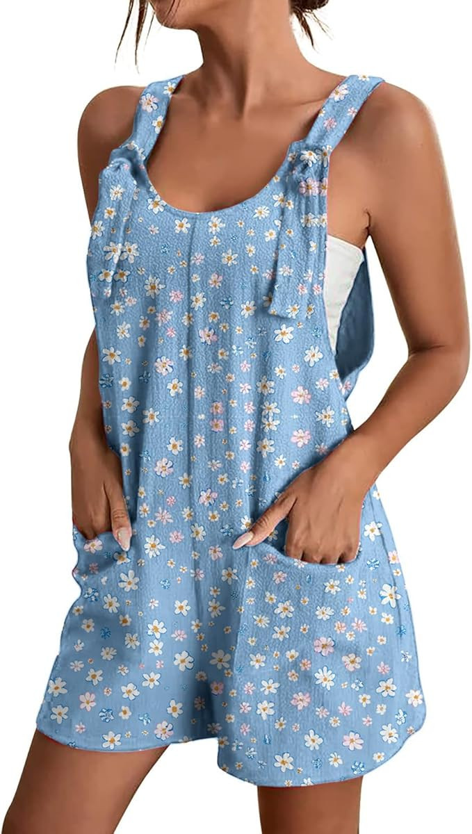 Overalls for Women Boho Floral Print Summer Casual Short Overalls Tie Knot Straps with Pockets | Amazon (US)