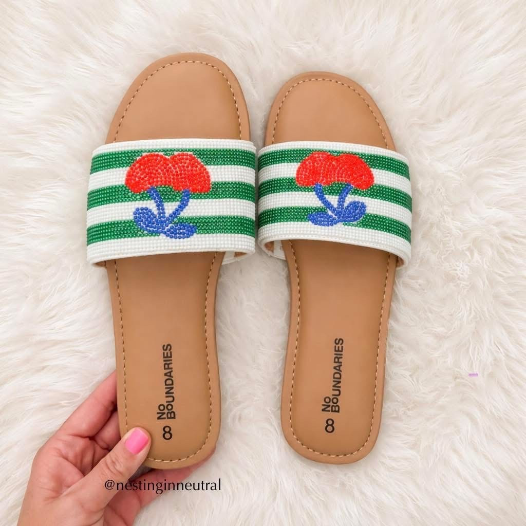 You guys RUNNN!!! 😍These sold out instantly last time. Back in stock in all the cutest designs!!  So adorably fun for summer! 🍒🍋!

Sandals, cherries, summer, stripes, slides 