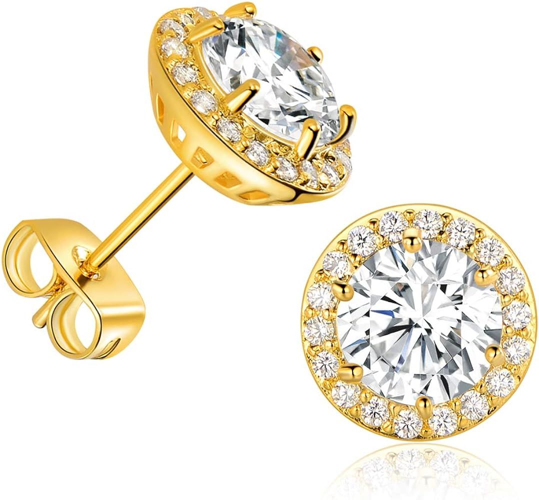 Gold Plated Cubic Zirconia Stud Earrings, with Large 7mm and 18pcs Small Bright CZ Stone Earrings | Amazon (US)