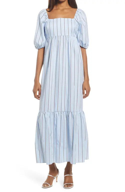 Fourteenth Place Stripe Puff Sleeve Midi Dress in Blue White Stripe at Nordstrom, Size X-Small | Nordstrom